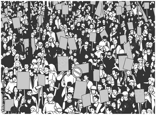 Illustration of protesting crowd with blank signs and banners from high angle view in grey scale