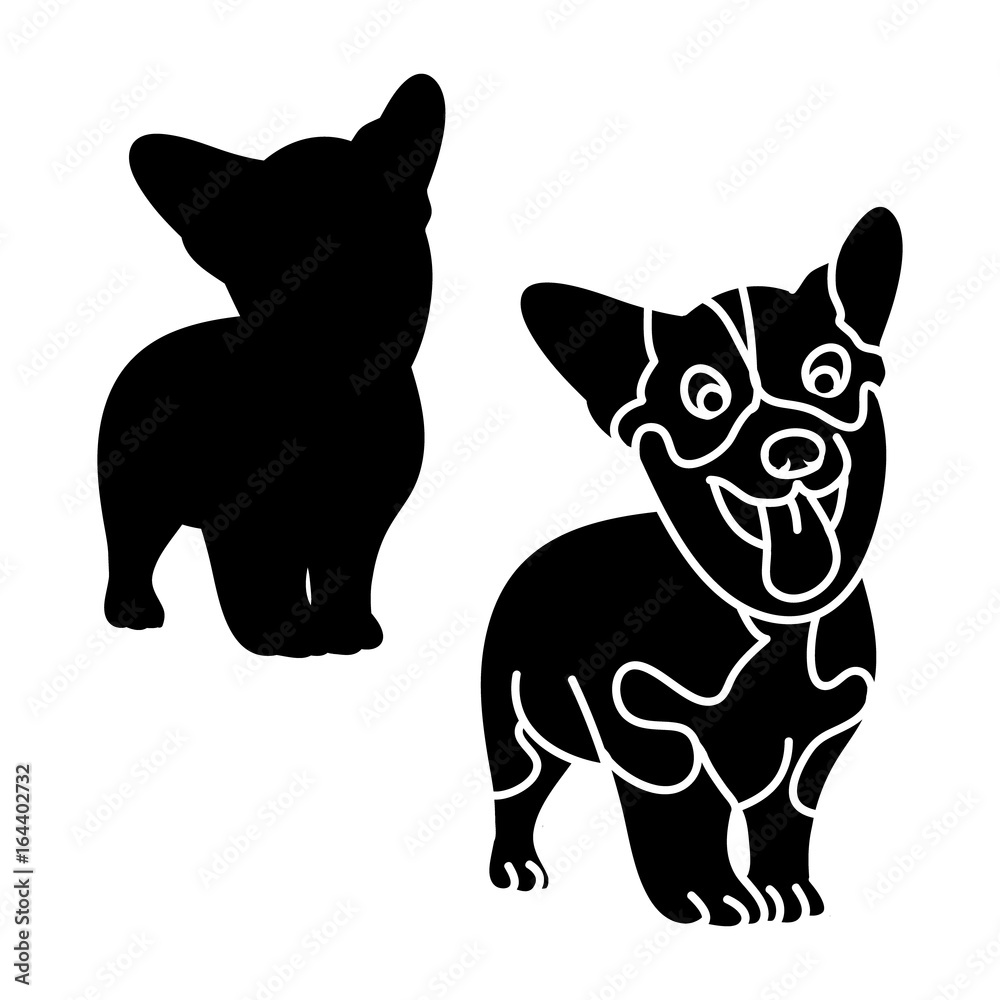 Silhouette and contour dog breed Corgi on white background, vector illustration