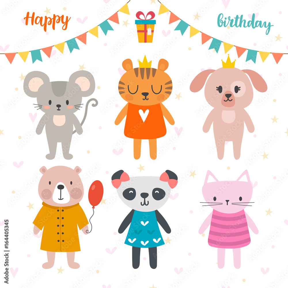 Obraz premium Happy birthday design with cute cartoon animals. Funny postcard