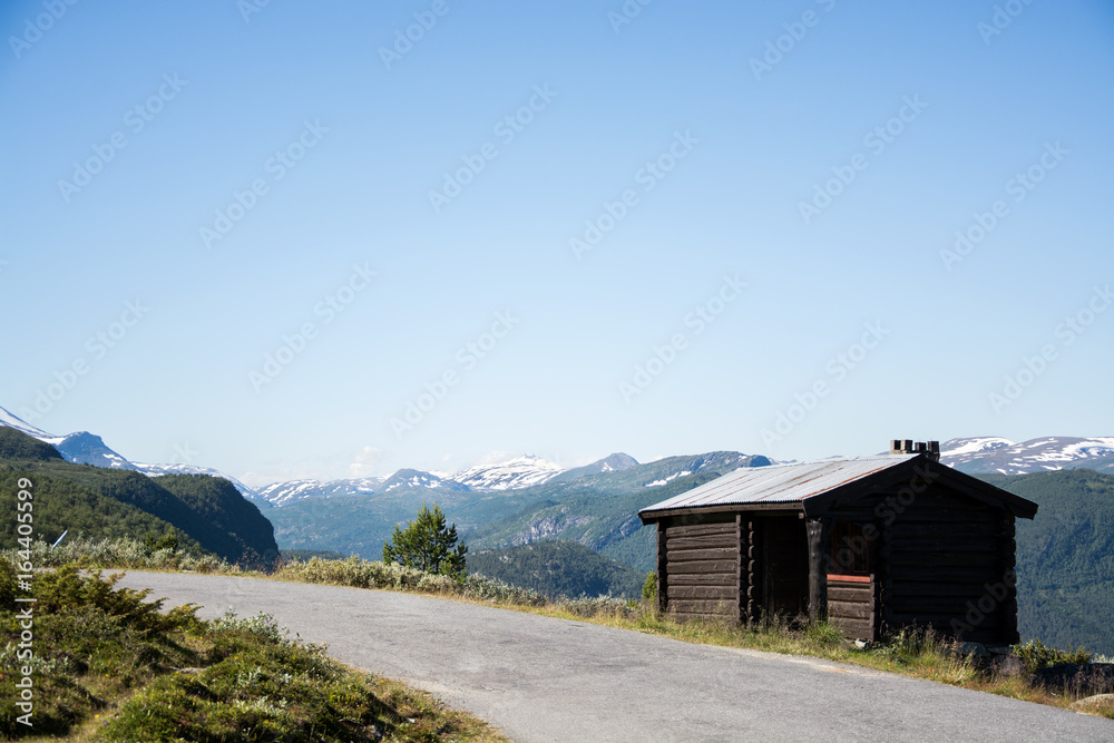 Mountain hut next to road in Jotunheimen national park, Norway