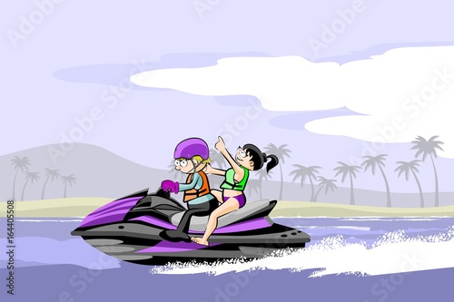 A man and a girl riding a water scooter