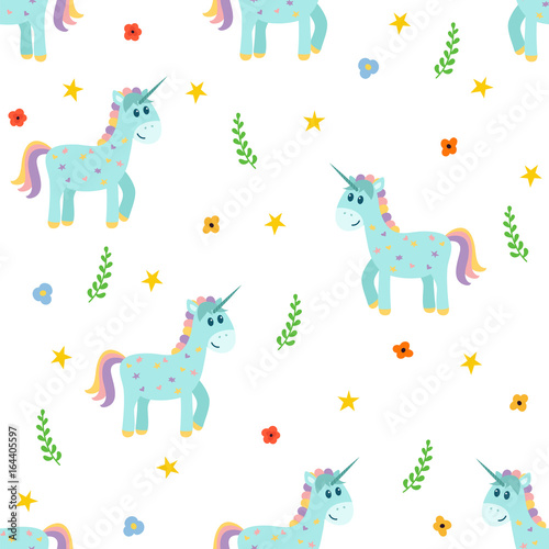 Seamless pattern with cute unicorns. Fashion childish background with different design elements