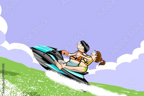 A man and a girl riding a water scooter