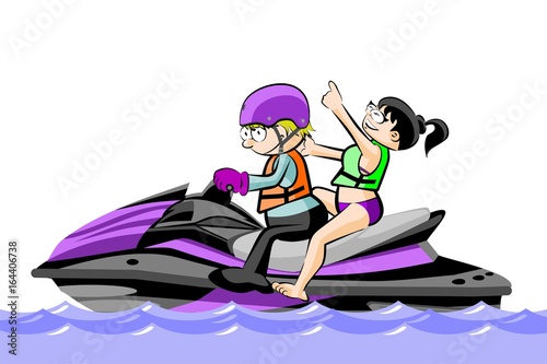 A man and a girl riding a water scooter - isolated on white