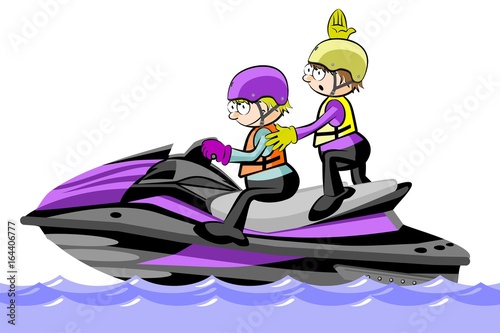 Two Man driving a water scooter - isolated on white