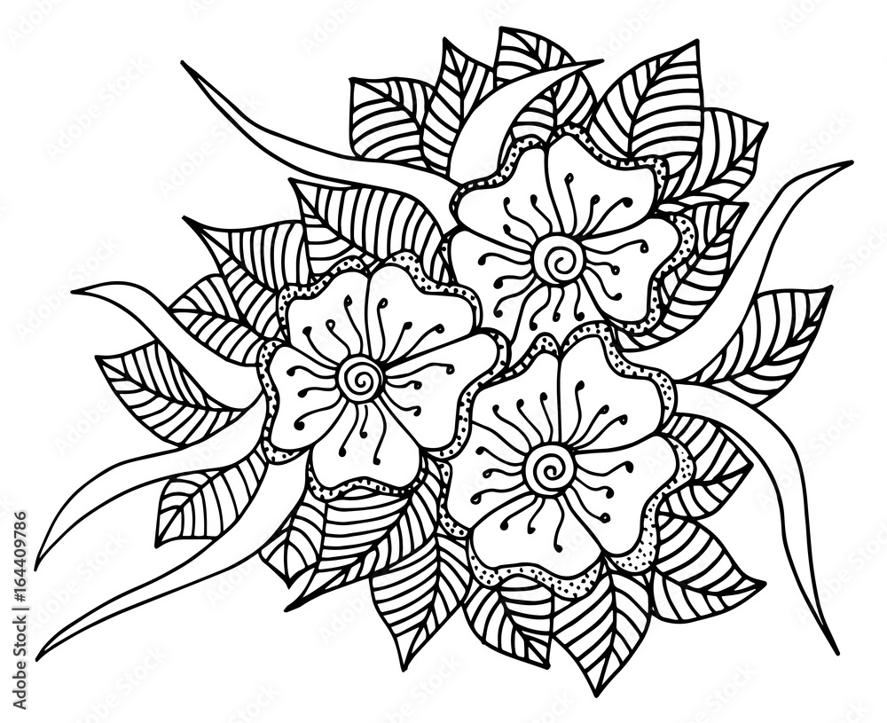 Fototapeta premium Doodle floral pattern in black and white. Page for coloring book: very interesting and relaxing job for children and adults. Zentangle drawing. Flower carpet in magic garden