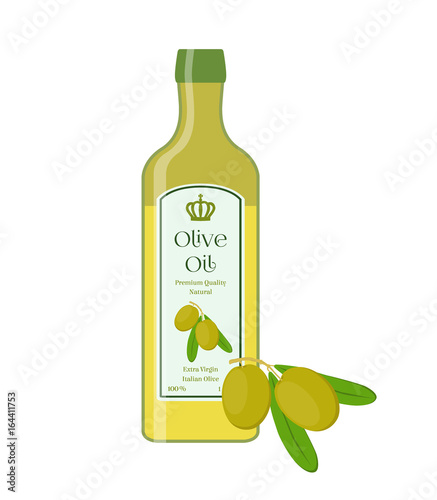 Olive oil, bottle of natural oil, branch with olives. Vector