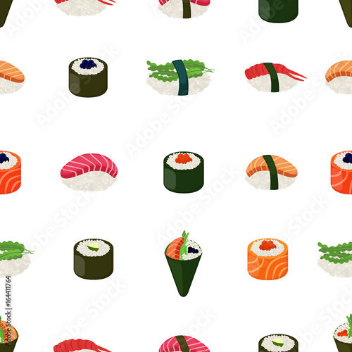 Sushi seamless pattern - asian food with fish, rice, seaweed, caviar