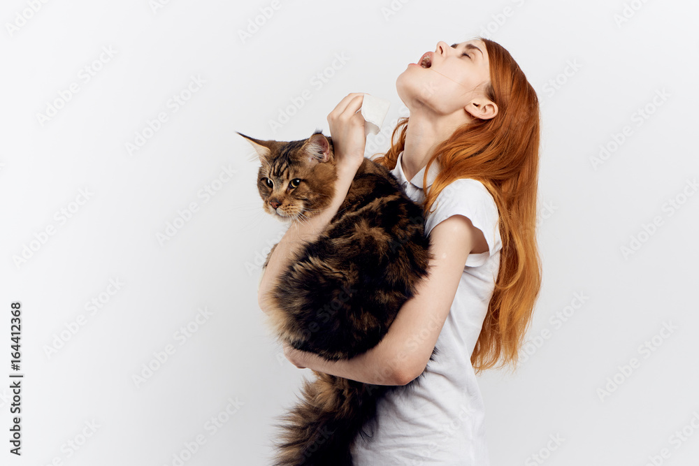 Beautiful young woman on white isolated background holds a cat, an allergy