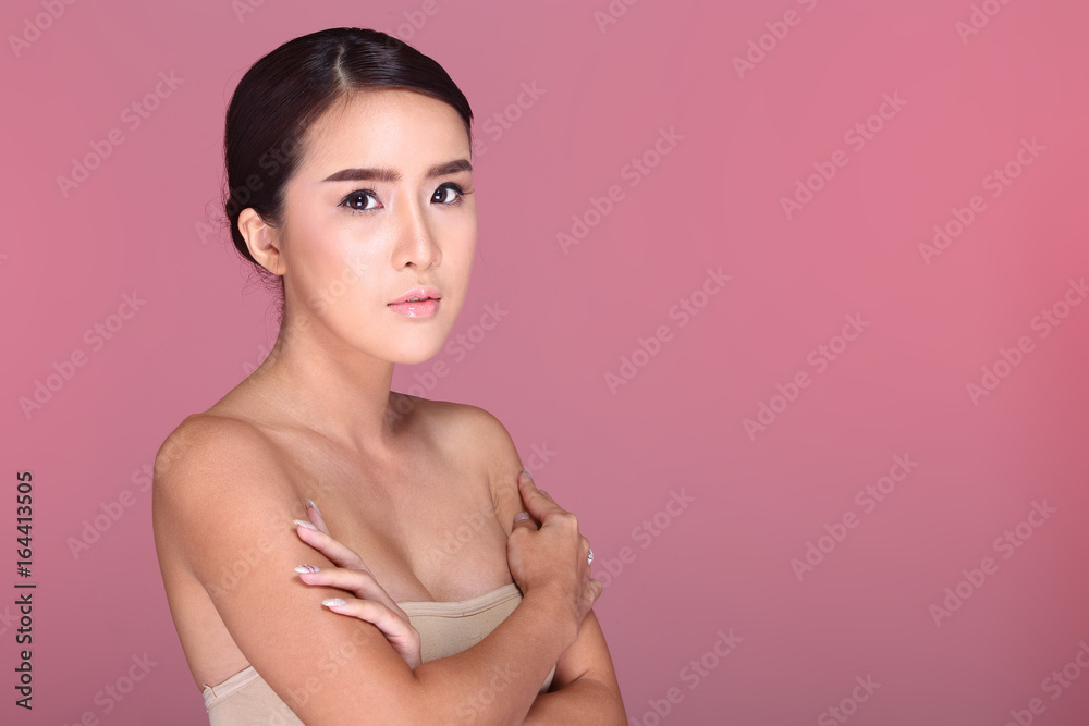 Beautiful Clean Skin Woman straight black hair with Smooth pose open shoulder smile Beautiful Clean Skin Woman straight black hair with Smooth pose open shoulder smile
