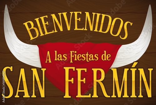 Horns and Handkerchief with Greeting Message for San Fermin, Vector Illustration