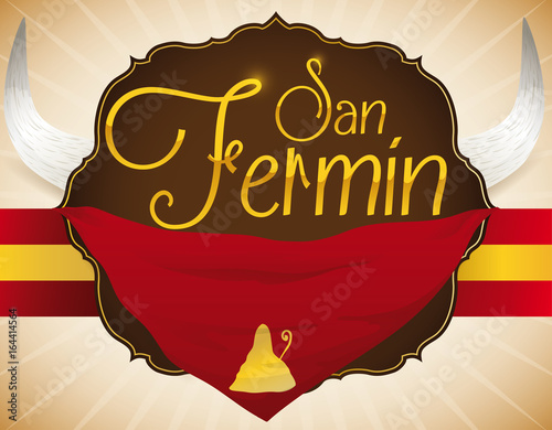 Badge with Bull Horns and Spain Flag for San Fermin, Vector Illustration
