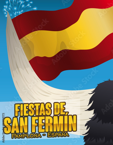 Bull Holding a Spain Flag and Fireworks for San Fermin, Vector Illustration