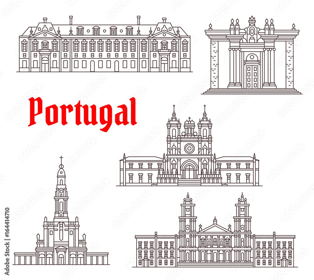 Portugal architecture famous landmark vector icons