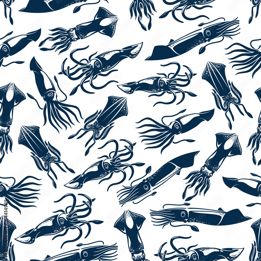 Squid seafood fishing vector seamless pattern Squid seafood fishing vector seamless pattern