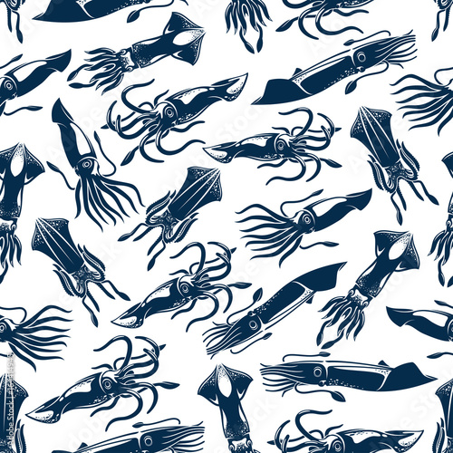 Squid seafood fishing vector seamless pattern