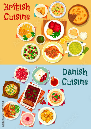 British and danish cuisine icon set design