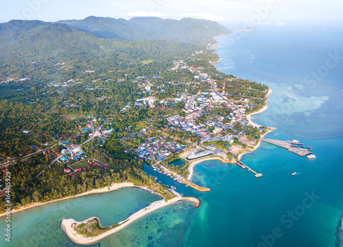 Aerial view from the drone on the island koh Phangan,Thong Sala pier,the most important tourist destination photo