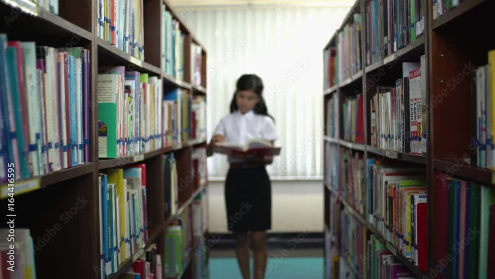 College student walking and reading in the library. She has a willingness to learn. The concept focuses on the love of reading. College student walking and reading in the library. She has a willingness to learn. The concept focuses on the love of reading.