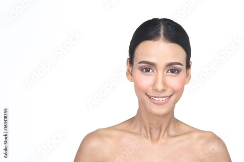 Asian Tan Skin Woman wtih Hand On applying cosmetic, Start from fresh face to finish process, studio lighting white background isolated copy space, Series pack photo