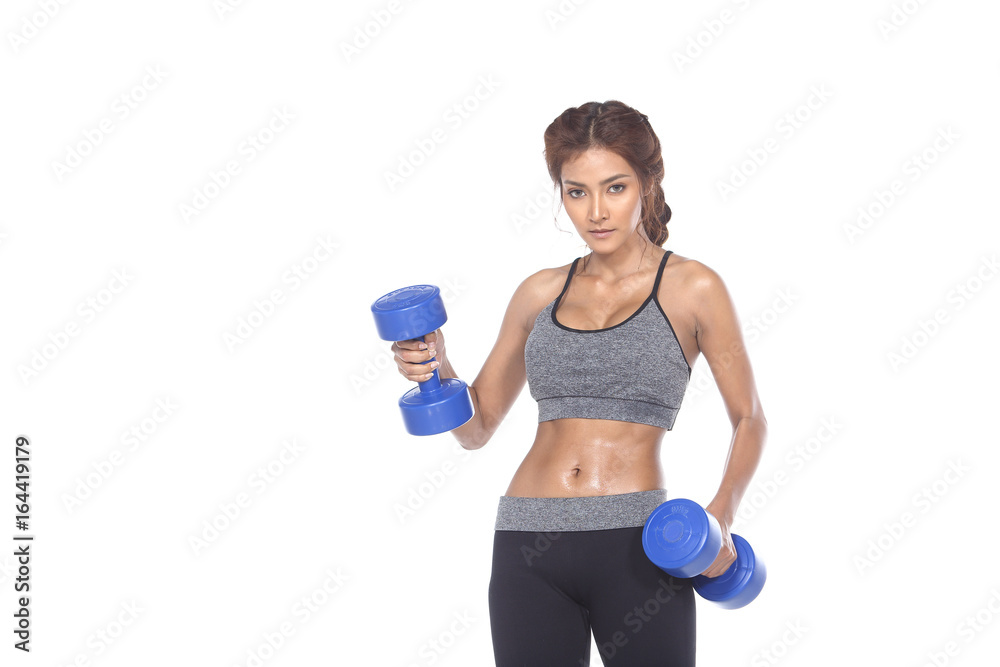 Tan Skin Asian Fitness Girl in Sexy Cute Sport Bra black spandex pants  Exercise warm up in white studio room, practice pose half body with  dumbbell, copy space Photos | Adobe Stock