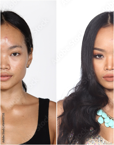 Tan Skin Asian Woman before and after make up and hair do style dresser. no retouch, fresh face with acne, skin moles, wart then good base foundation cosmetic, studio lighting white background photo