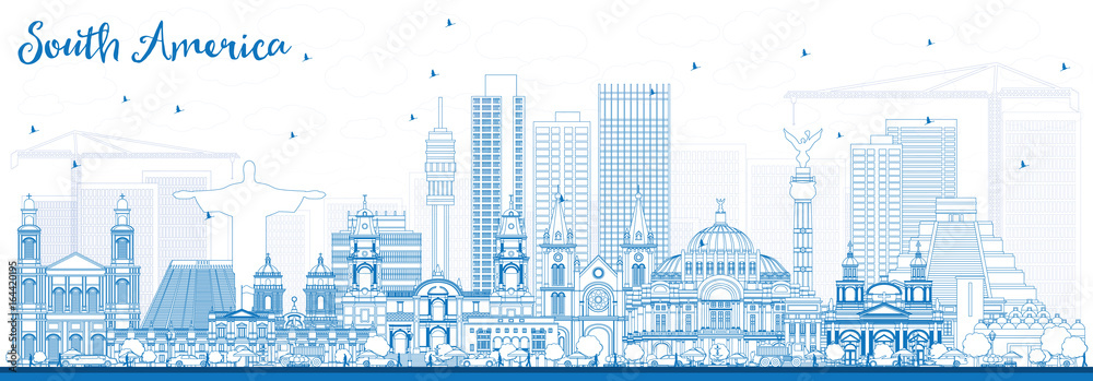 Outline South America Skyline with Famous Landmarks.