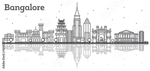 Outline Bangalore Skyline with Historic Buildings and Reflections.