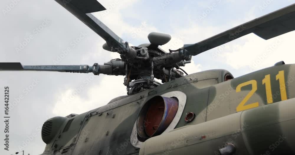 Close-up of a helicopter's rotor blades. Helicopter parts. Russian military helicopter Close-up of a helicopter's rotor blades. Helicopter parts. Russian military helicopter