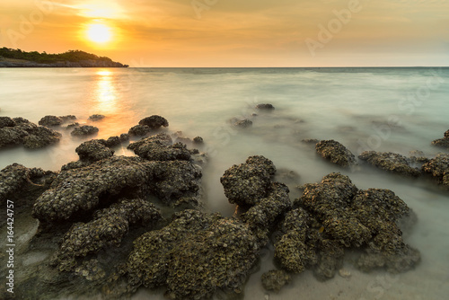 Stone in sea and wave on sunset time with long exposure at Ko Sichang District Chonburi, Thailand. photo