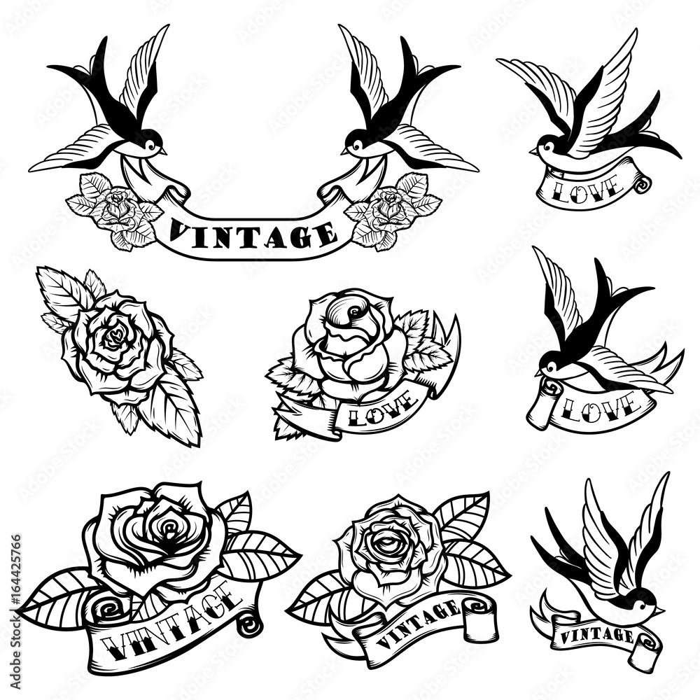 Set of tattoo templates with swallows and roses. Old school tattoo
