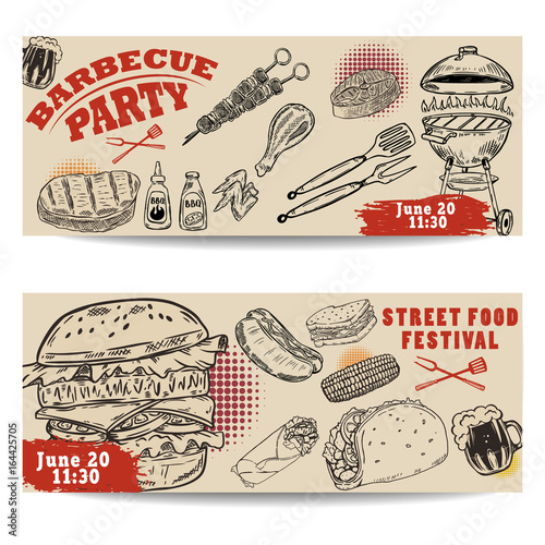 Set of bbq party invitation templates on light background. Grill, beer,meat, burger ,steak. Street food festival