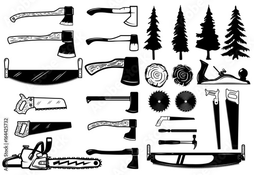 Set of carpenter tools, wood and trees icons. Design elements for logo, label, emblem, sign. Vector illustration