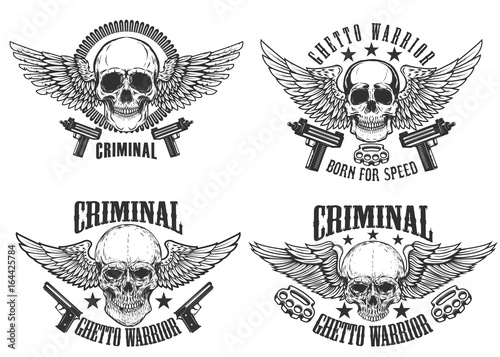 Outlaw, street warriors. Set of winged skulls with weapon. Design elements for emblem, sign, label, t-shirt. Vector illustration