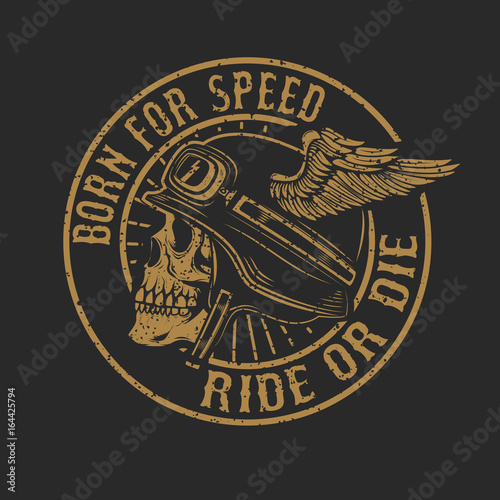 racer skull in winged helmet isolated on dark background. Design element for emblem, poster, t-shirt. Vector illustration