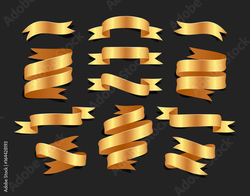 Set of hand drawn gold satin ribbons on blacke background isolated. Flat objects for your design. Vector art illustration