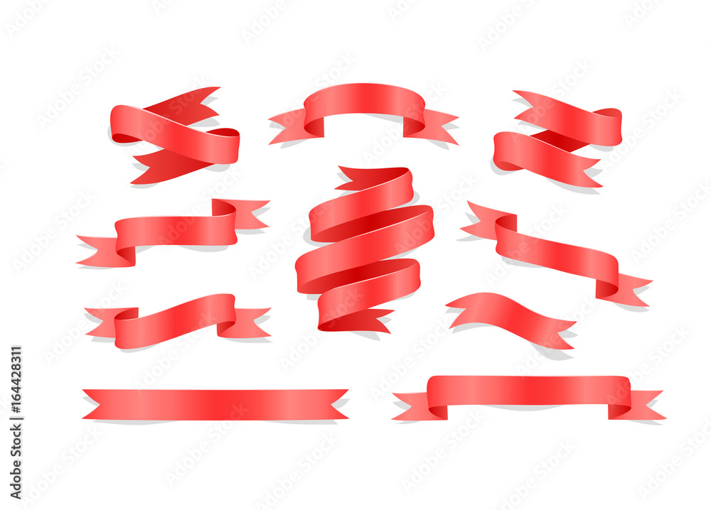 Set of hand drawn red satin ribbons on white background isolated. Flat objects for your design. Vector art illustration