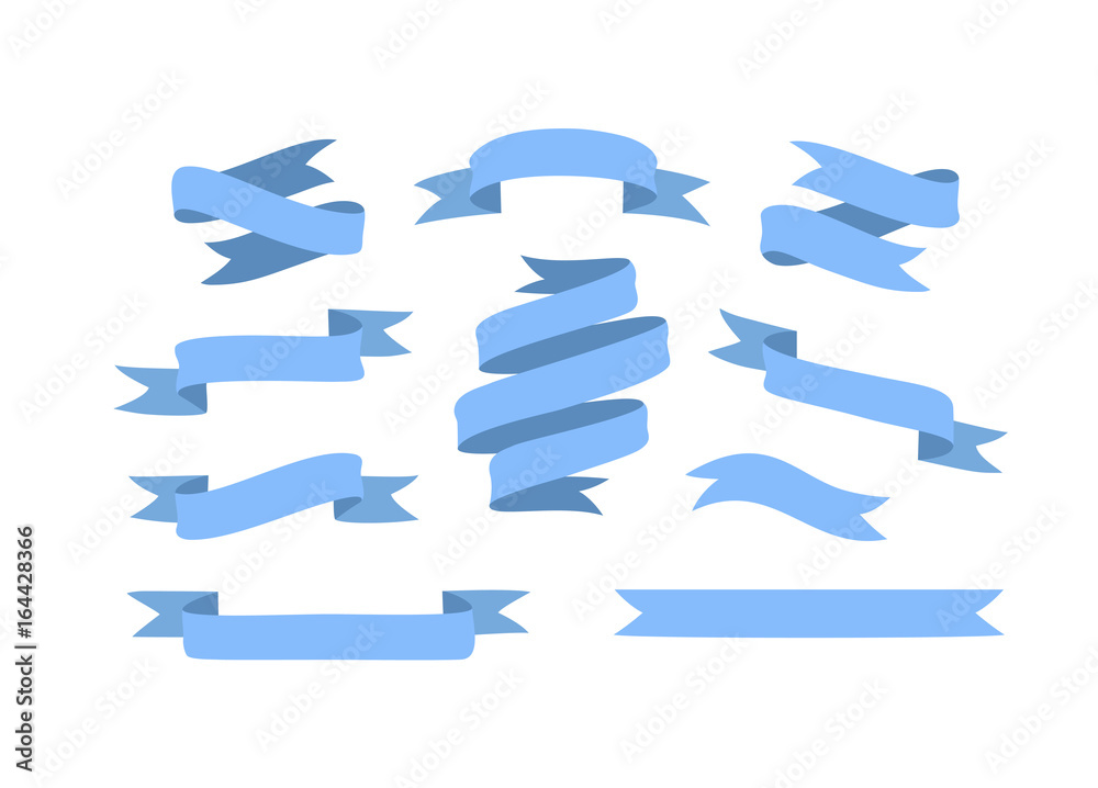 Set of hand drawn blue ribbons on white background isolated. Flat objects for your design. Vector art illustration