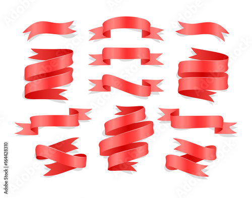 Set of hand drawn red satin ribbons on white background isolated. Flat objects for your design. Vector art illustration
