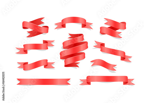 Set of hand drawn red satin ribbons on white background isolated. Flat objects for your design. Vector art illustration