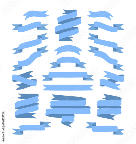 Set of hand drawn blue ribbons on white background isolated. Flat objects for your design. Vector art illustration