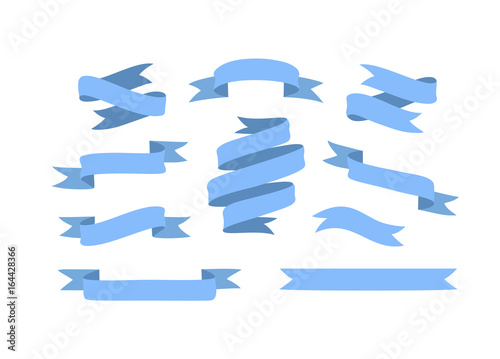 Set of hand drawn blue ribbons on white background isolated. Flat objects for your design. Vector art illustration