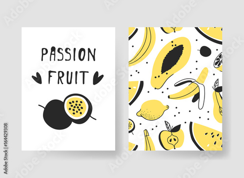 Set of templates for summer cards. Hand drawn vector patterns brochures with ice cream and fruits. Actual artistic design