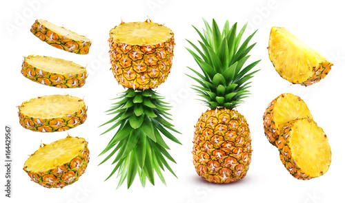 Pineapple collection. Whole and sliced pineapple isolated on white background