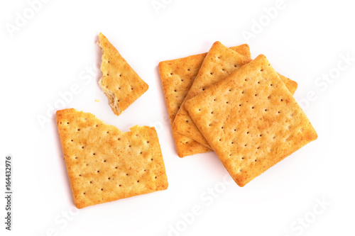 Close up the healthy  whole wheat cracker on white background , top view or overhead shot photo