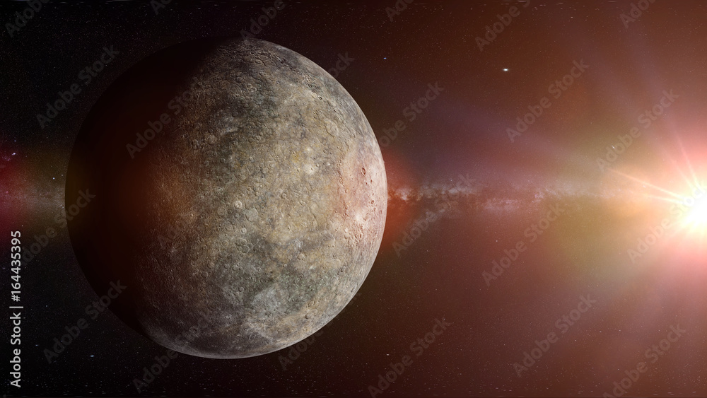planet Mercury lit by the Sun and the Milky Way galaxy