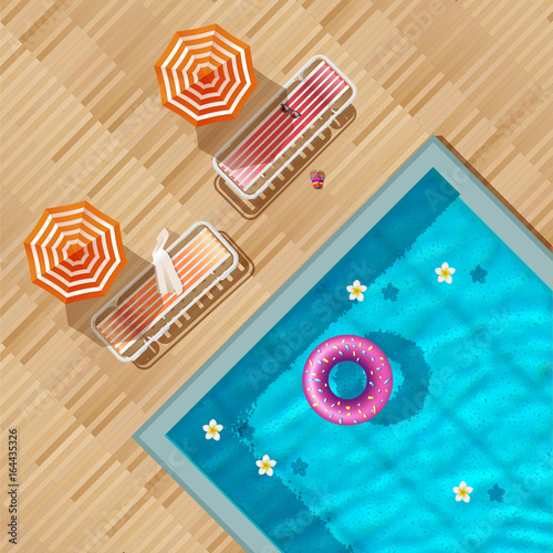 pool top view,  inflatable swim ring in shape of donut in the pool, Sun loungers