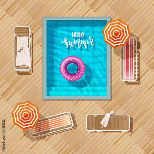 Hand drawn calligraphy hello summer. pool top view,  inflatable swim ring in shape of donut in the pool