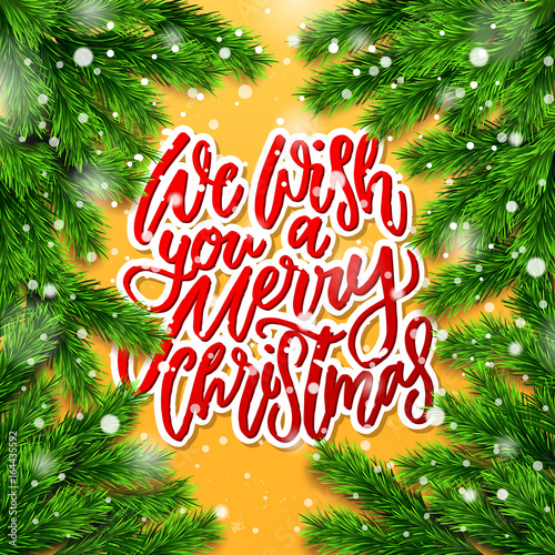  greeting card with wreath  Xmas vector background. Hand drawn calligraphy. concept handwritten we wish you a merry christmas © Alex Shi