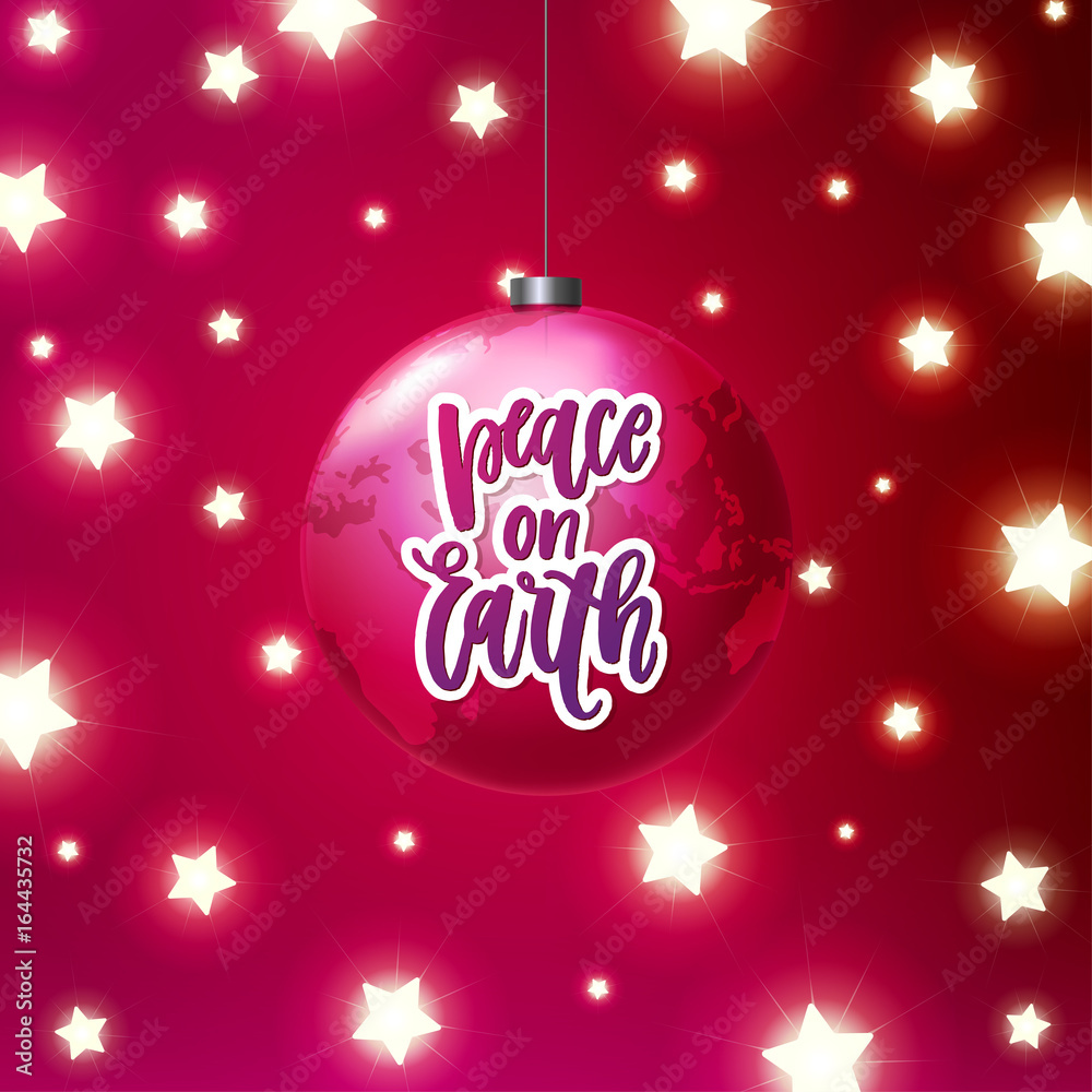  greeting card with wreath, Glowing star Lights .  Xmas vector background. Hand drawn calligraphy. concept handwritten peace on earth 